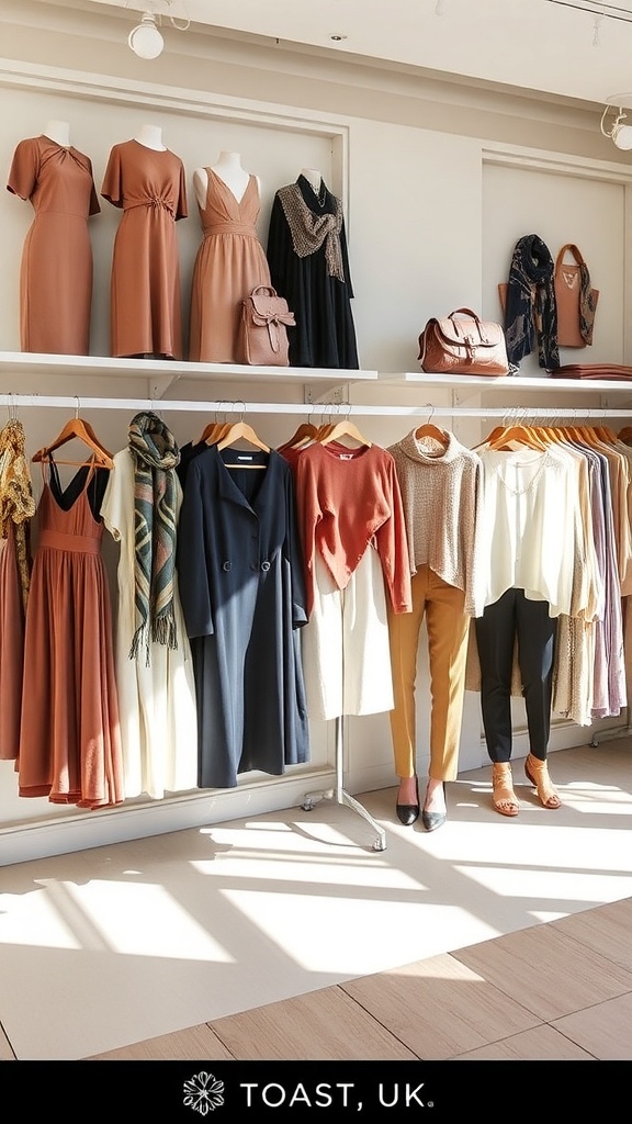 Stylish Toast UK Clothing Collection A collection of Toast UK clothing featuring dresses, tops, trousers, and outerwear in a boutique setting.